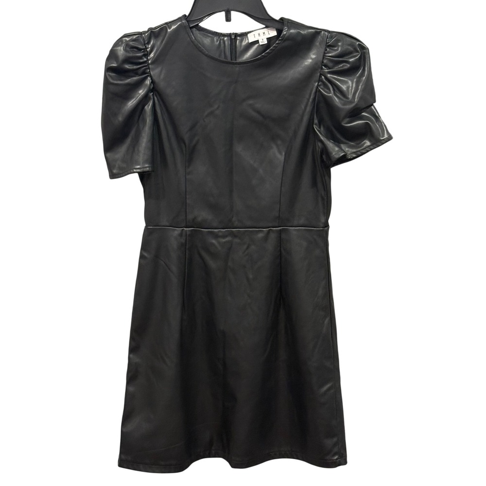 Anthropologie Edgy Black Vegan Leather Puff Sleeve Mini Dress S THML Goth Glam